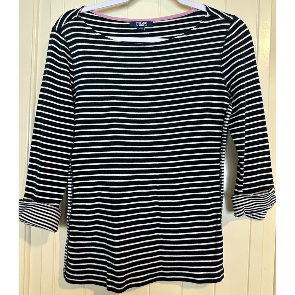 Chaps Womens S‎ 3/4 cuff rolled Sleeve black White Stripe Cotton knit shirt